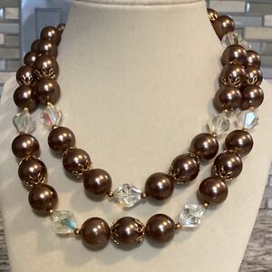 Vintage Lisner Brown Bead and Crystal Aurora Borealis Necklace